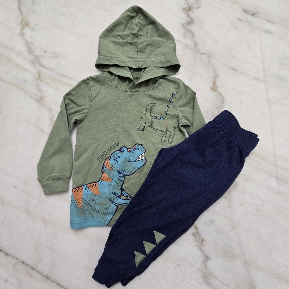 Carter's‎ Boys 2T Jogger Set 'Dino Crew' T-Rex Dinosaur Hooded Green Navy Blue